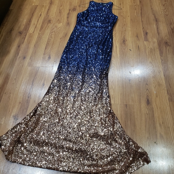 Lulu's Blue and Gold Ombre Halter Mermaid Dress! - Picture 7 of 9